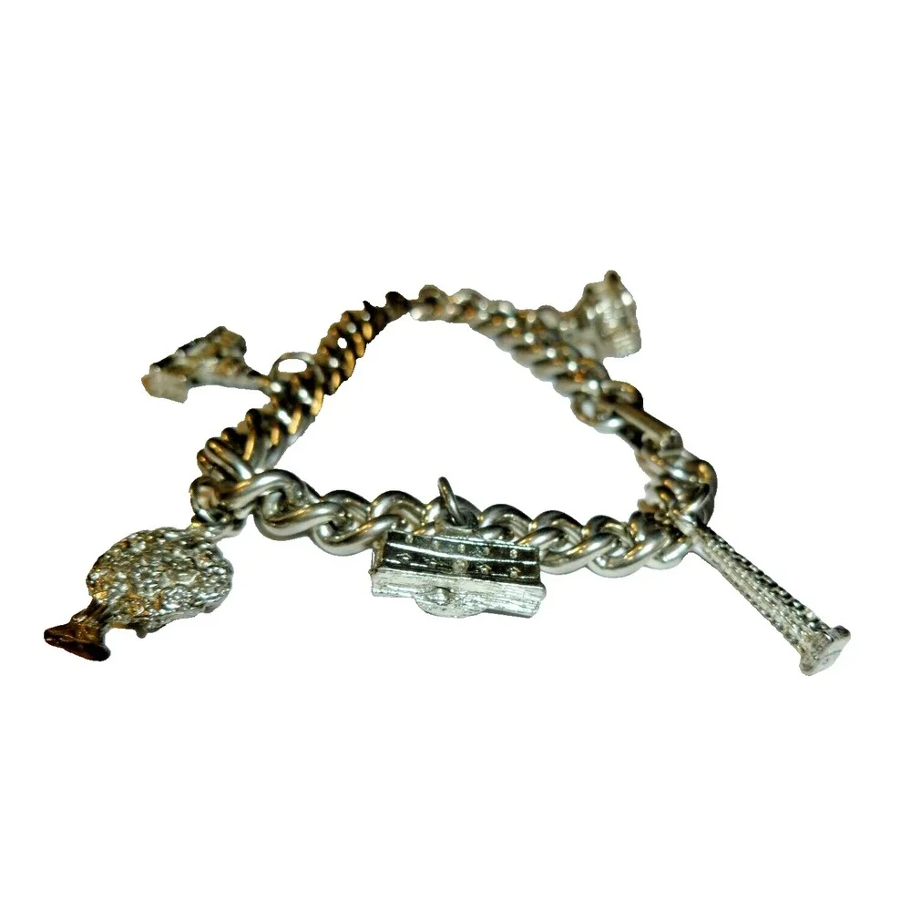 Vintage Silver Tone Curb Link Charm Bracelet 5 Charms Tree Building Monument 7in